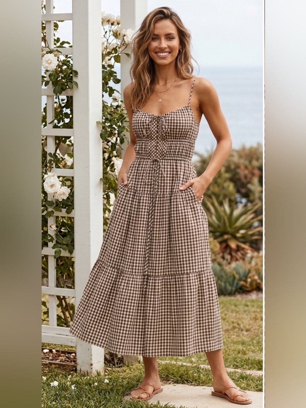 Brown Gingham Midi Dress with Spaghetti Straps
